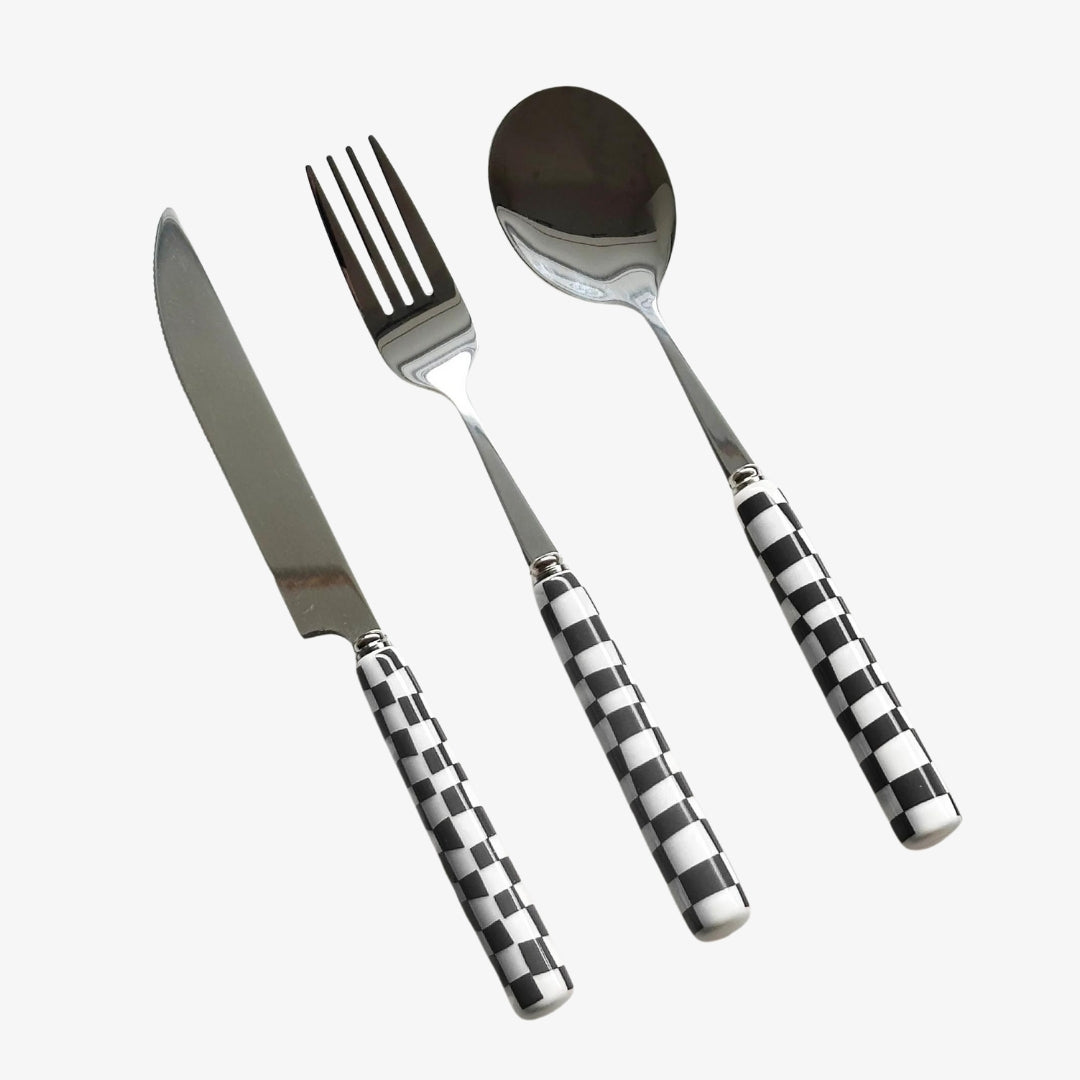 Checkered Flatware Set - Hand-Painted Stylish Dining Set