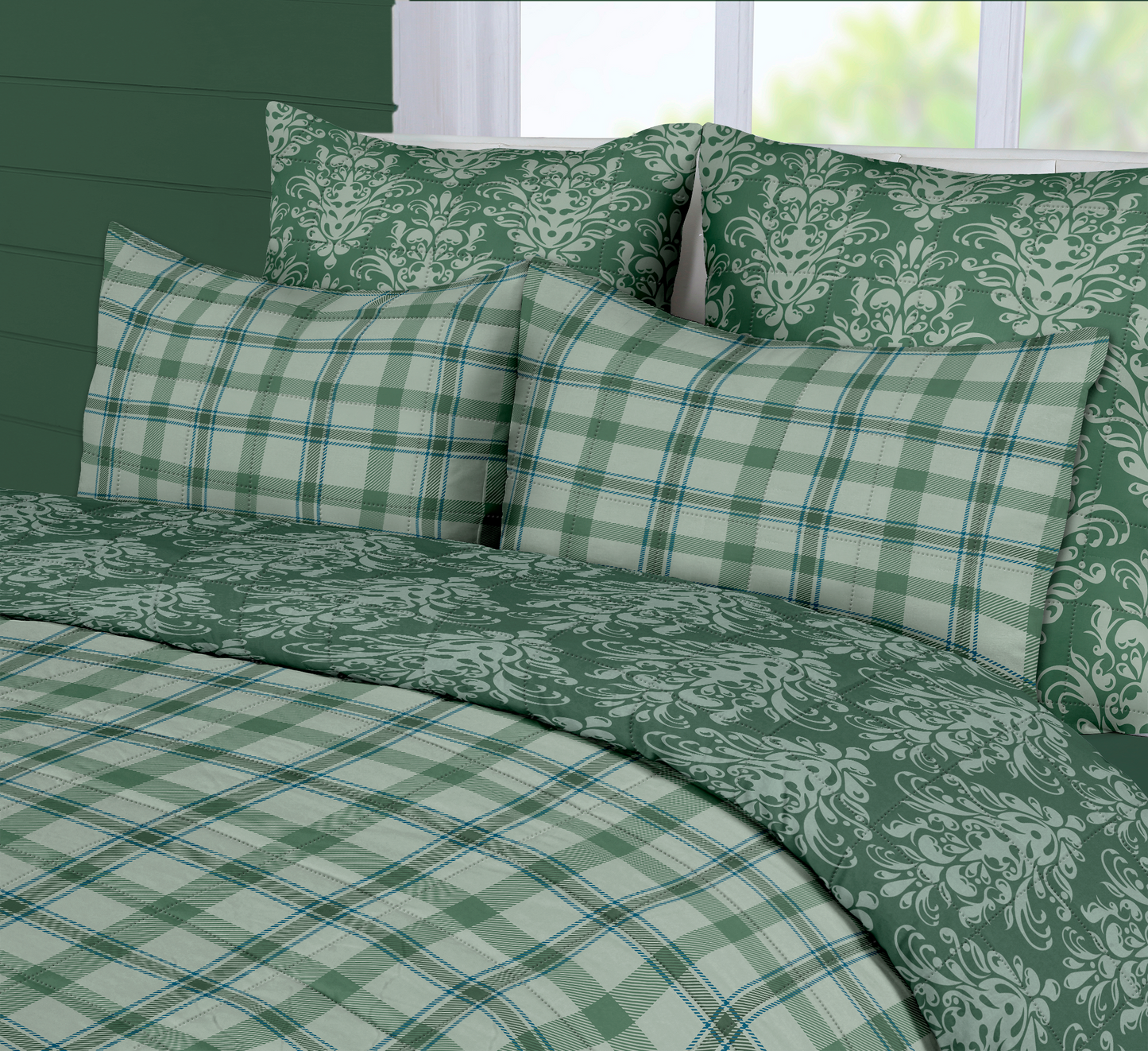 Elise Plaid Reversible Quilted Comforter Set Cotton Blend
