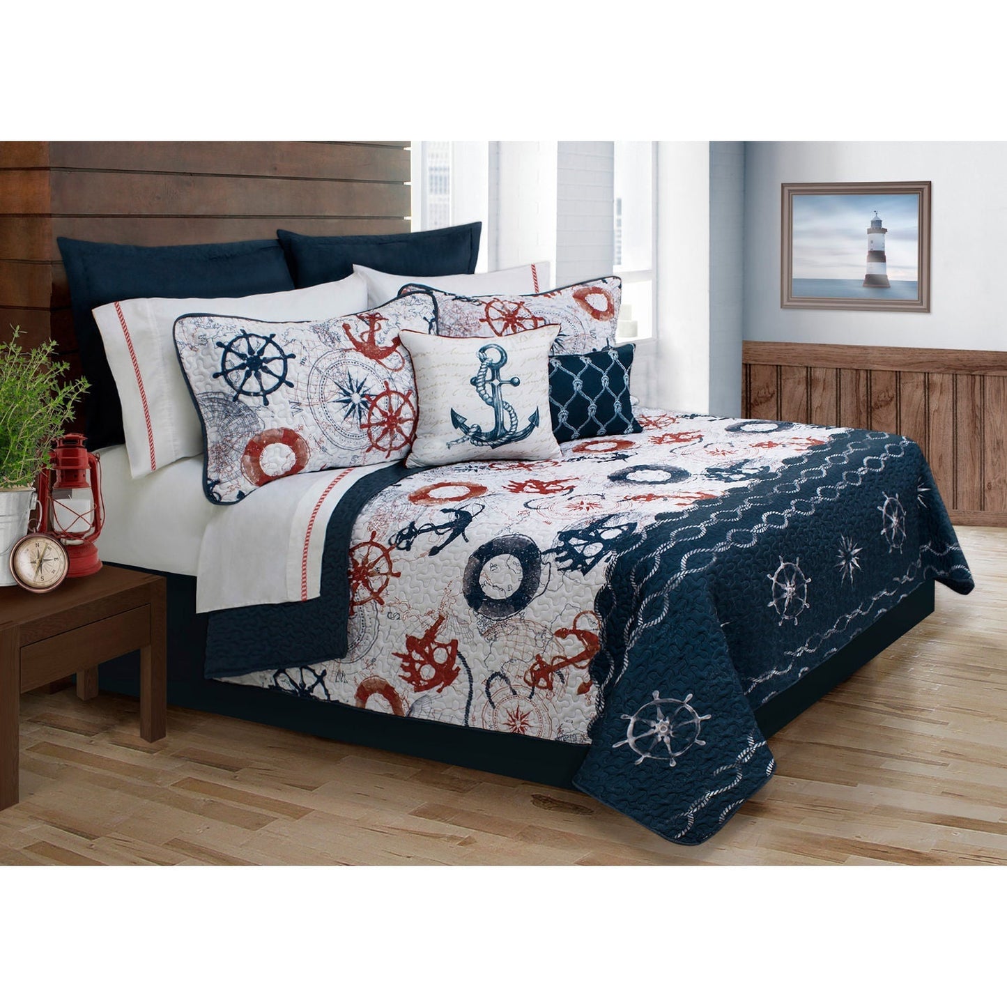 Bay Harbour King 5 Piece Quilt Bedding Set in Navy Microfiber
