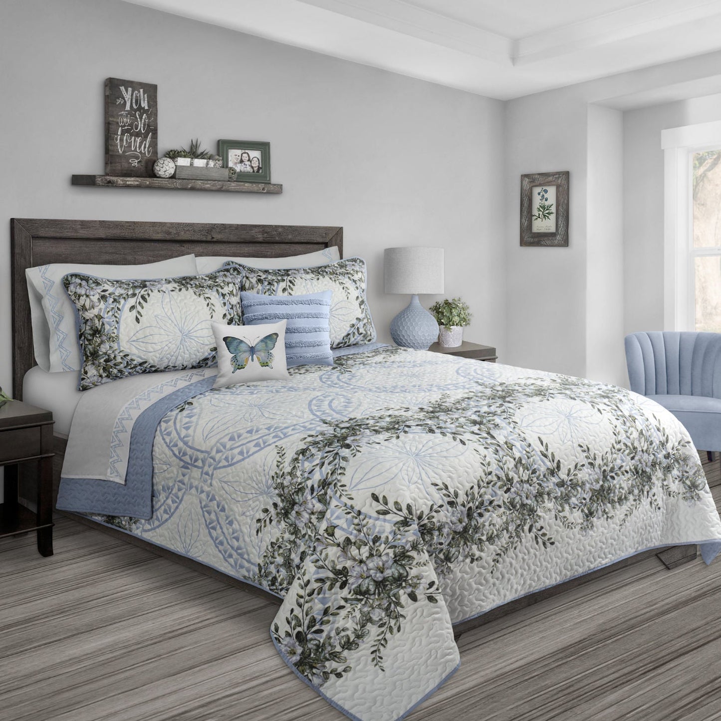 Forever Blue Queen Quilt Bedding Set 3 Piece With Woven Detail