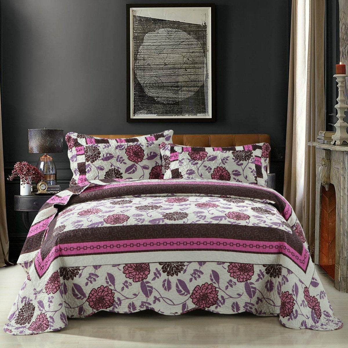 Bohemian purple floral bedspread set with pink and brown accents.