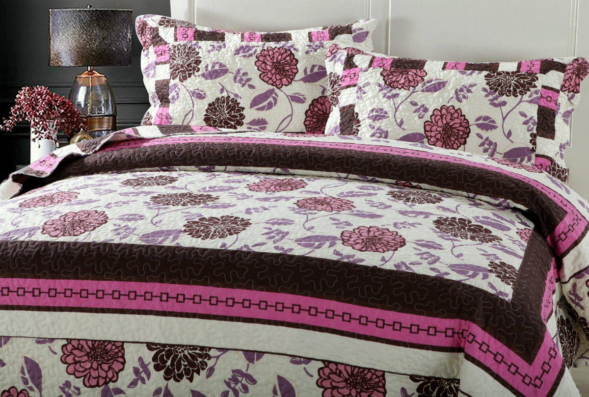 Bohemian purple blooms floral bedspread set with pink and brown accents.