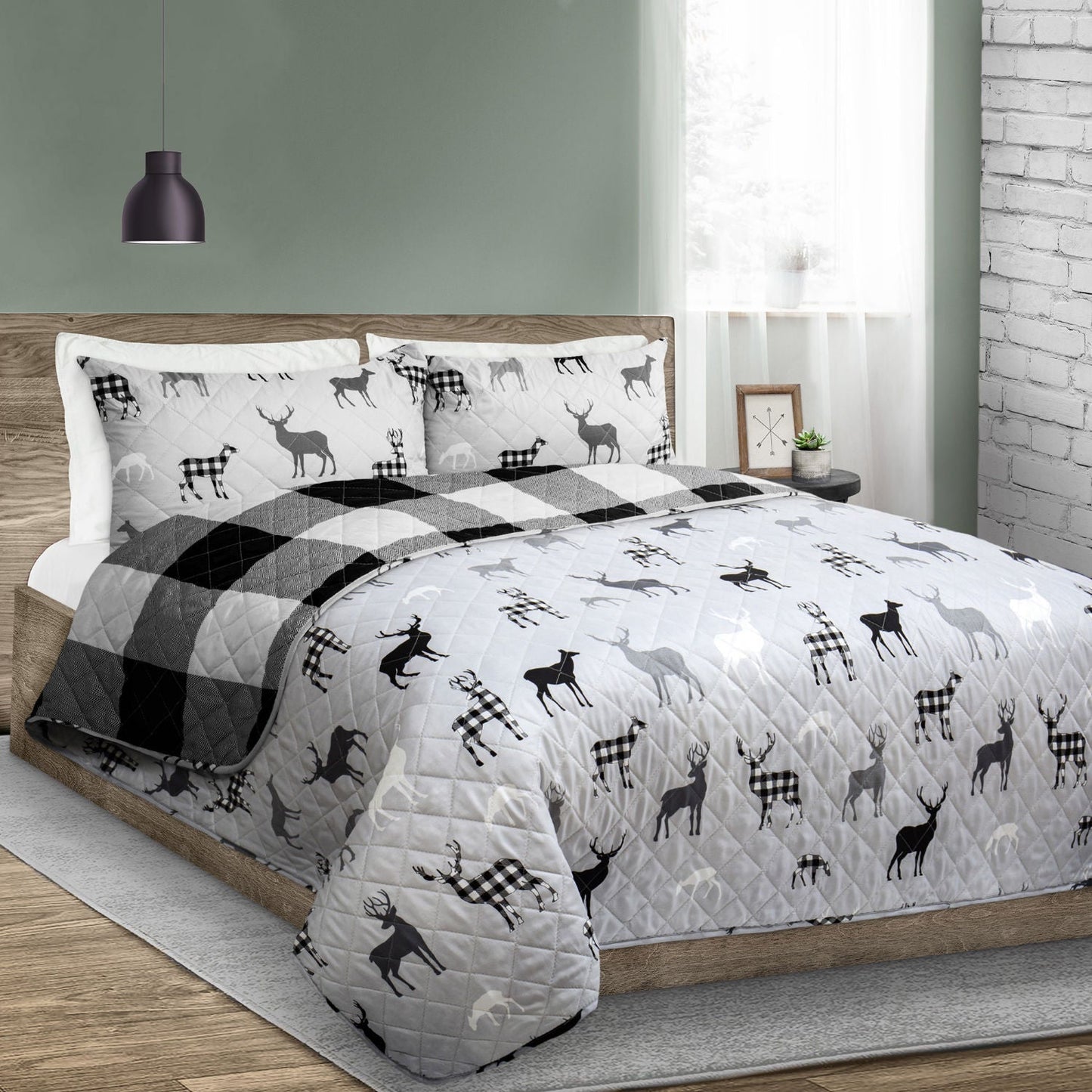 Reversible Printed Quilt Bedding Set King 3 Piece 104x92 Grey Deer Rustic Cabin