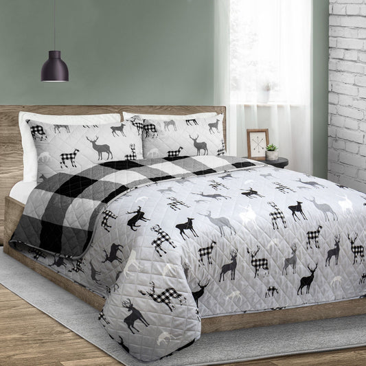 Reversible Printed Quilt Bedding Set King 3 Piece 104x92 Grey Deer Rustic Cabin