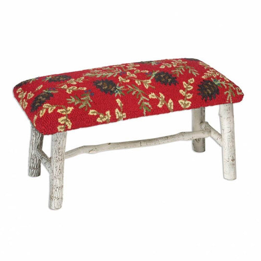 Woodland Elegance Hooked Wool Bench with Hickory Legs