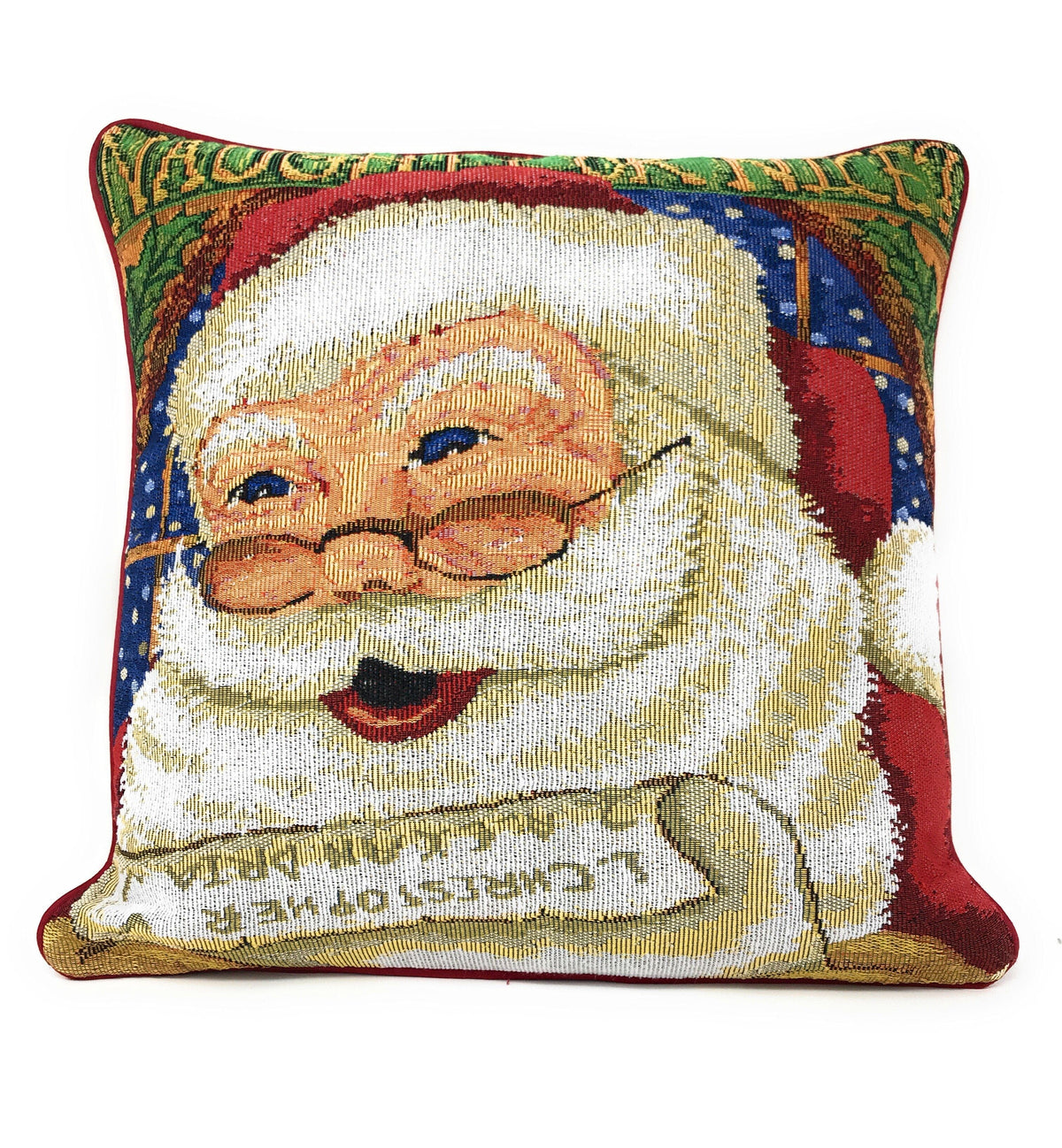 Four 16x16 inch Christmas pillow covers: Santa, snowman, gingerbread man, and festive pattern.