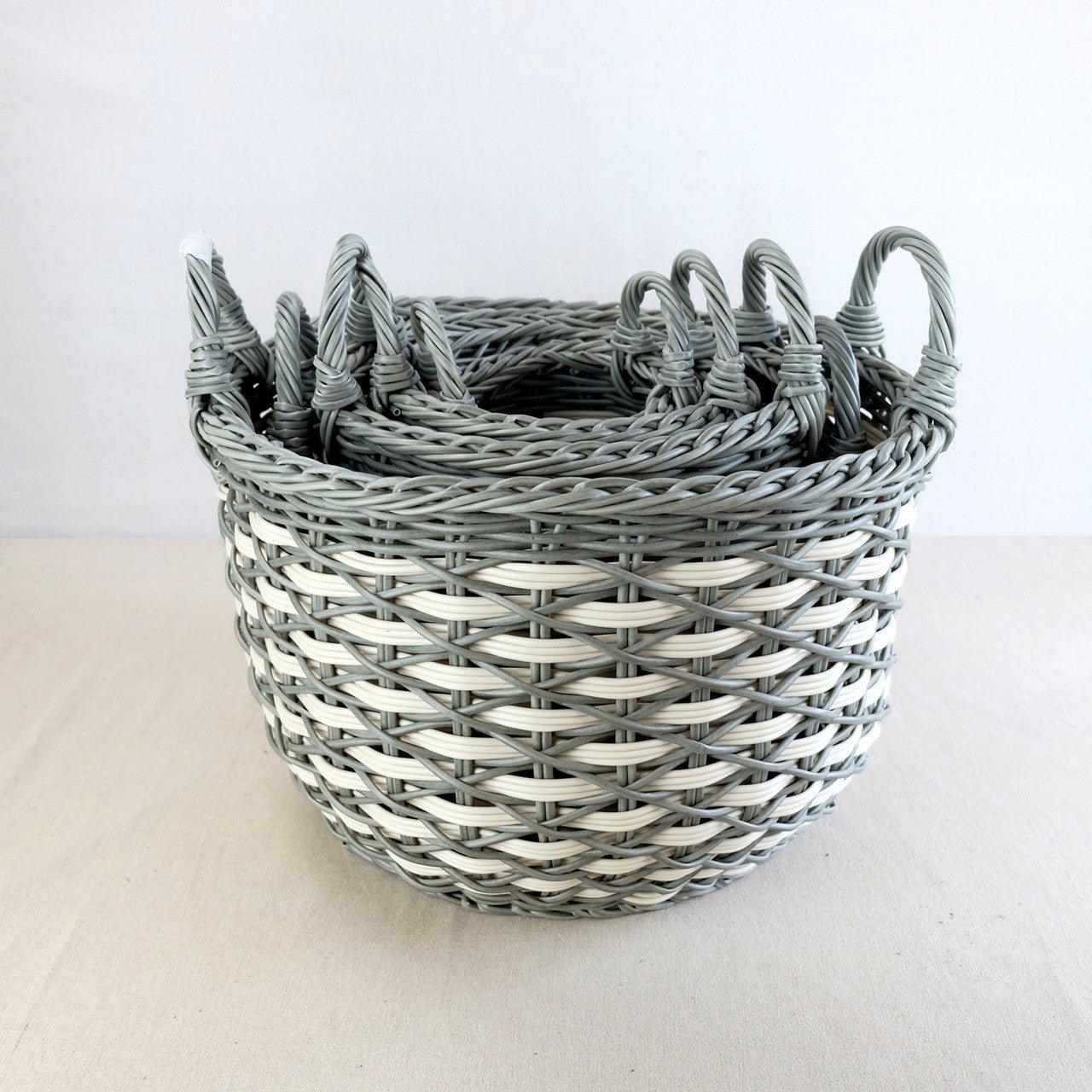 Set of 3 Hand-Woven Wicker Storage Baskets in Gray and White