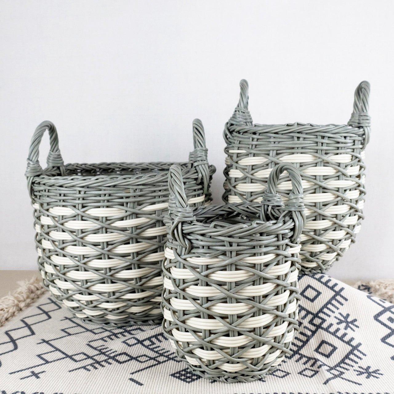 Set of 3 Hand-Woven Wicker Storage Baskets in Gray and White