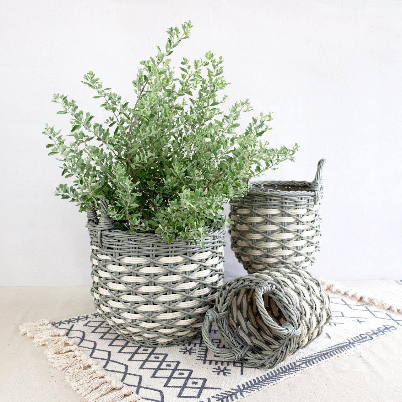 Set of 3 Hand-Woven Wicker Storage Baskets in Gray and White