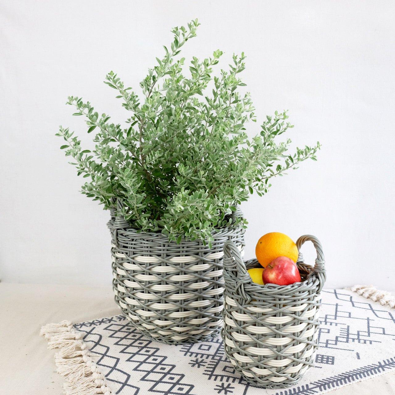 Set of 3 Hand-Woven Wicker Storage Baskets in Gray and White