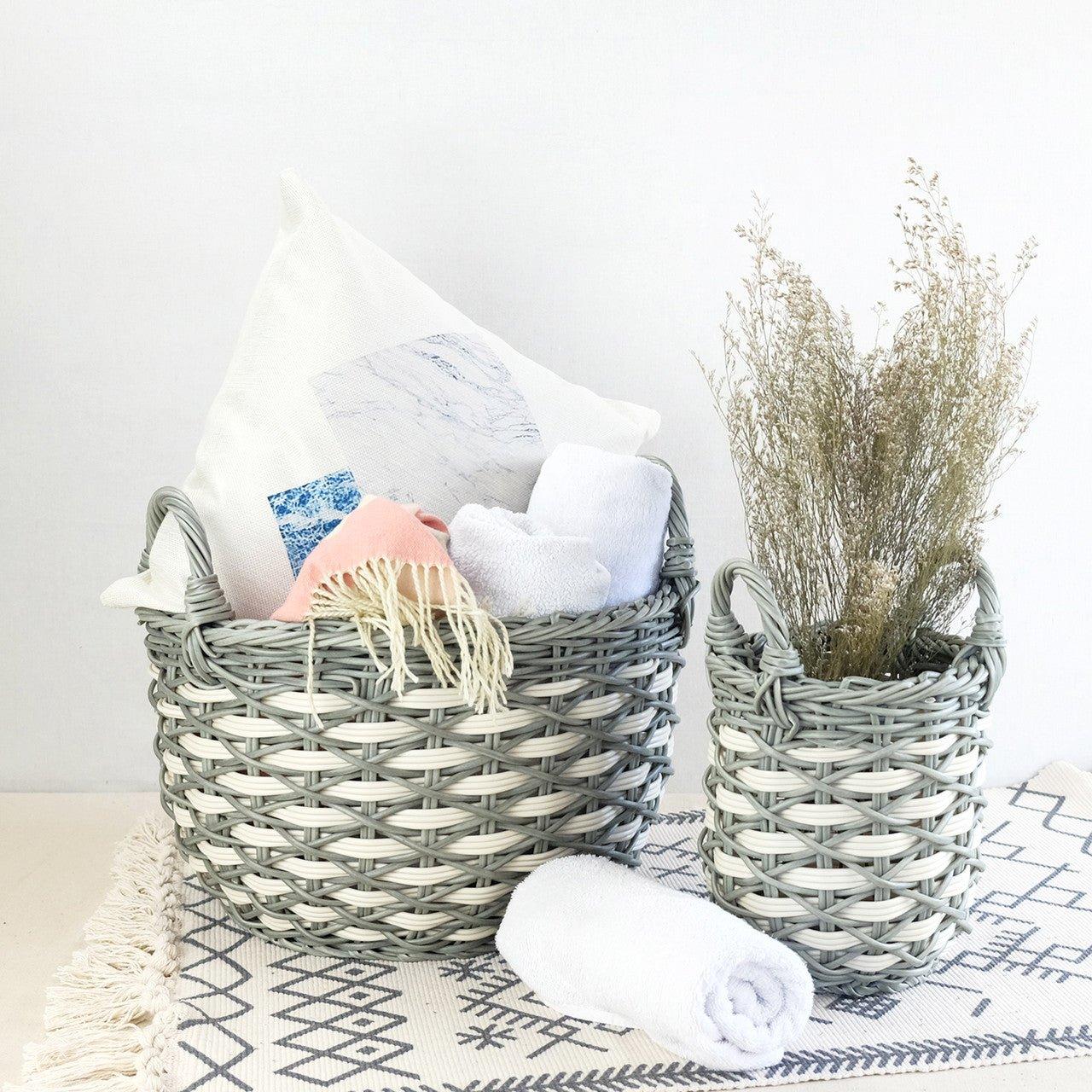 Set of 3 Hand-Woven Wicker Storage Baskets in Gray and White