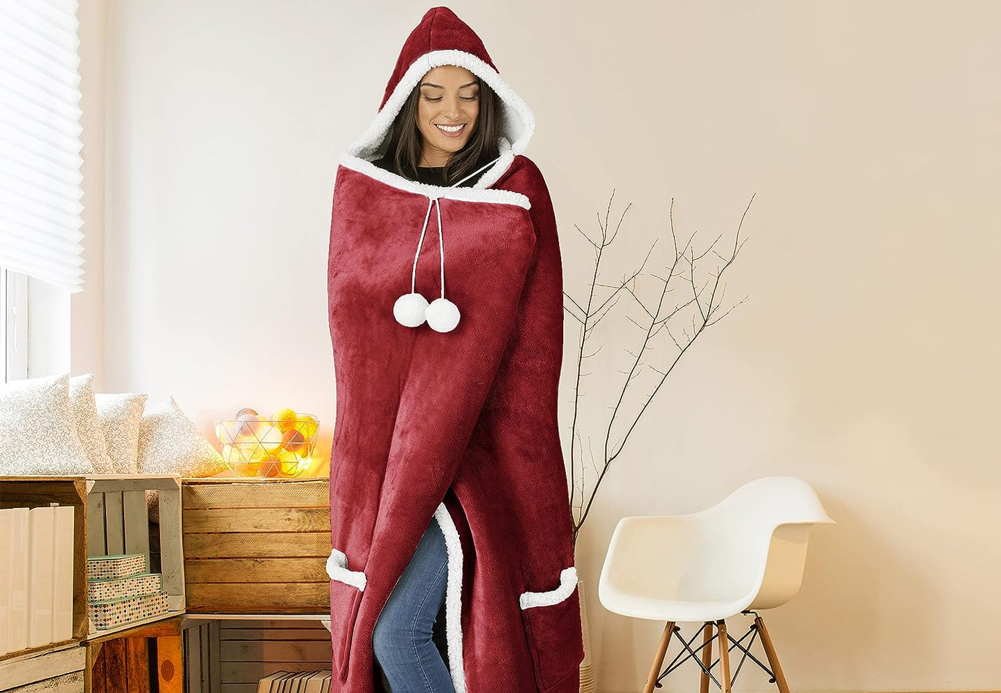 Hooded Flannel Blanket Throw Red 51x71 Cozy Home Decor Bedding