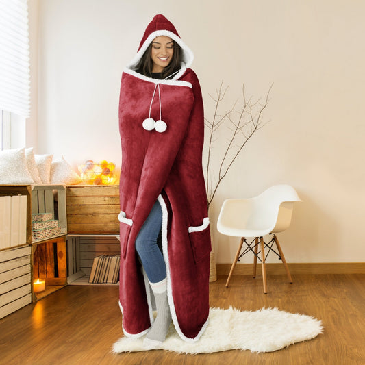 Hooded Flannel Blanket Throw Red 51x71 Cozy Home Decor Bedding