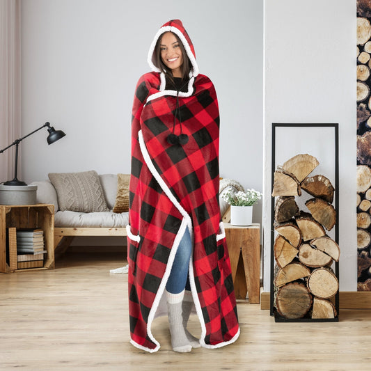 Hooded Flannel Blanket Throw 51x71 Red and Black for Home Decor Bedding
