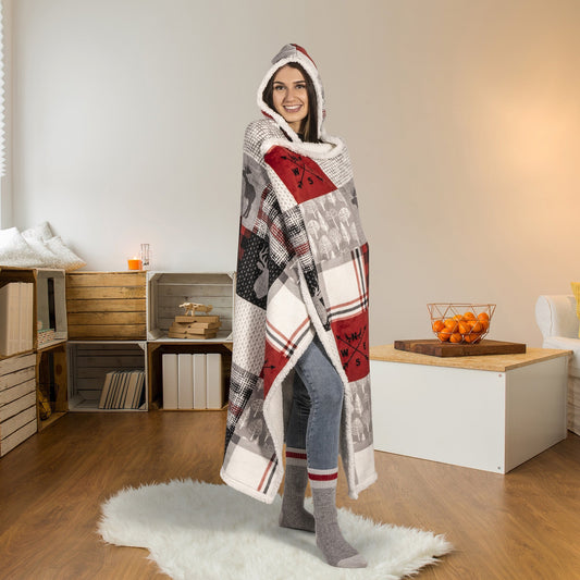 Forest Patchwork Hooded Sherpa Blanket Throw 48x65 Inches