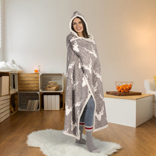 Super Soft Hooded Sherpa Blanket Throw 48x65 Heathered Deer Shield Cozy