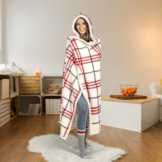 Super Soft Hooded Sherpa Blanket Throw 48X65 Red Plaid Home Decor