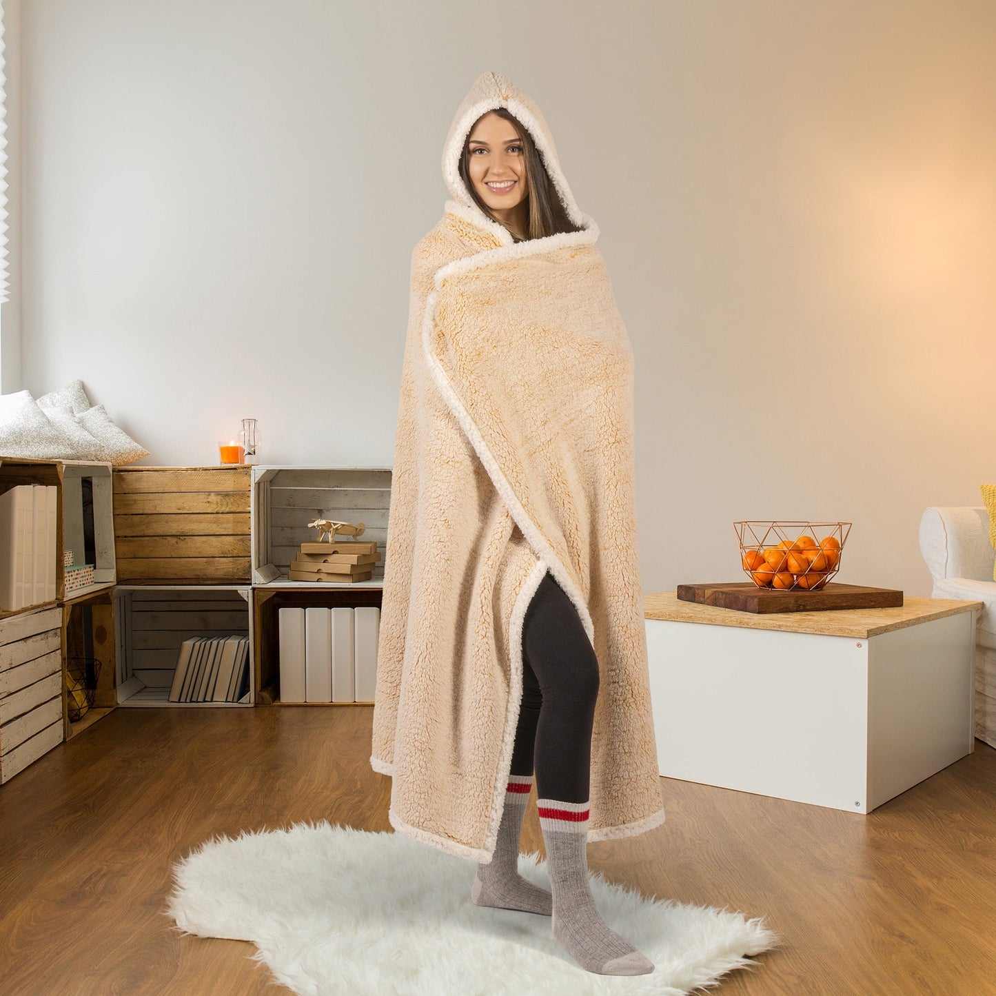 Mustard Hooded Knit Blanket Throw Sherpa 48x65 for Home Decor