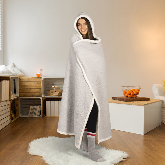 Hooded Sherpa Knit Blanket Throw Reversible 48x65 Light Grey Home Decor Bedding