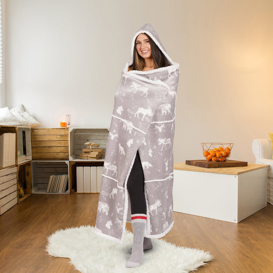 Grey Wildlife Hooded Blanket Throw Flannel Home Decor Bedding 48x65