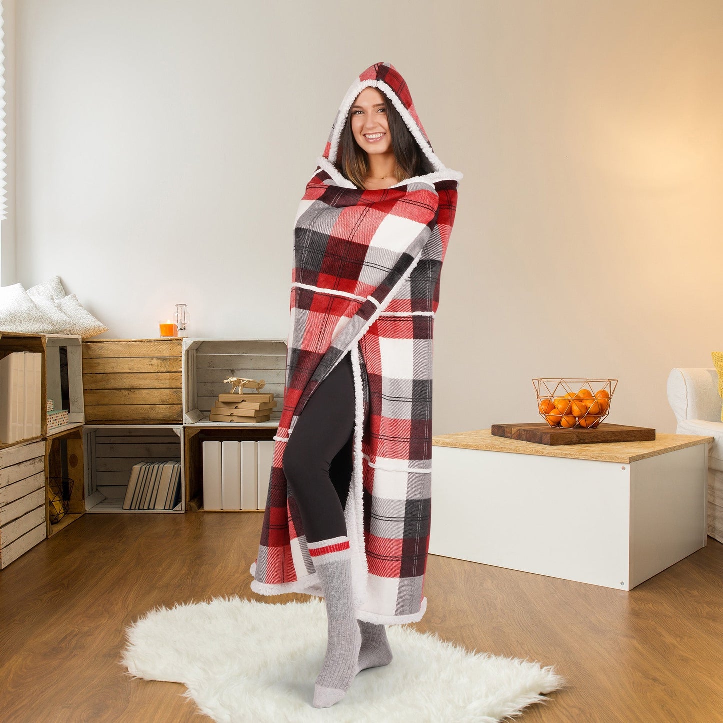Hooded Flannel Blanket Throw 48x65 Winter Plaid Home Decor Bedding