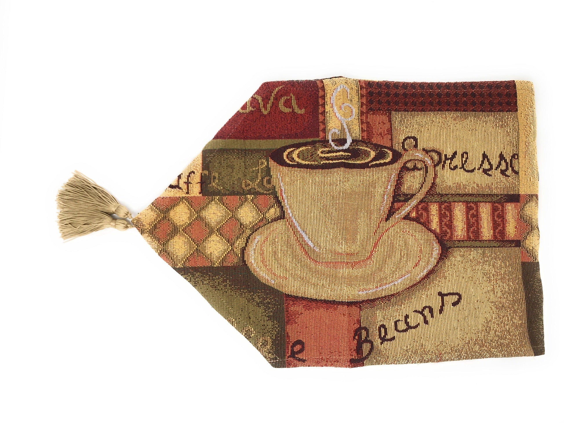 Latte java brown tapestry table runner with golden tassels, coffee cup design.