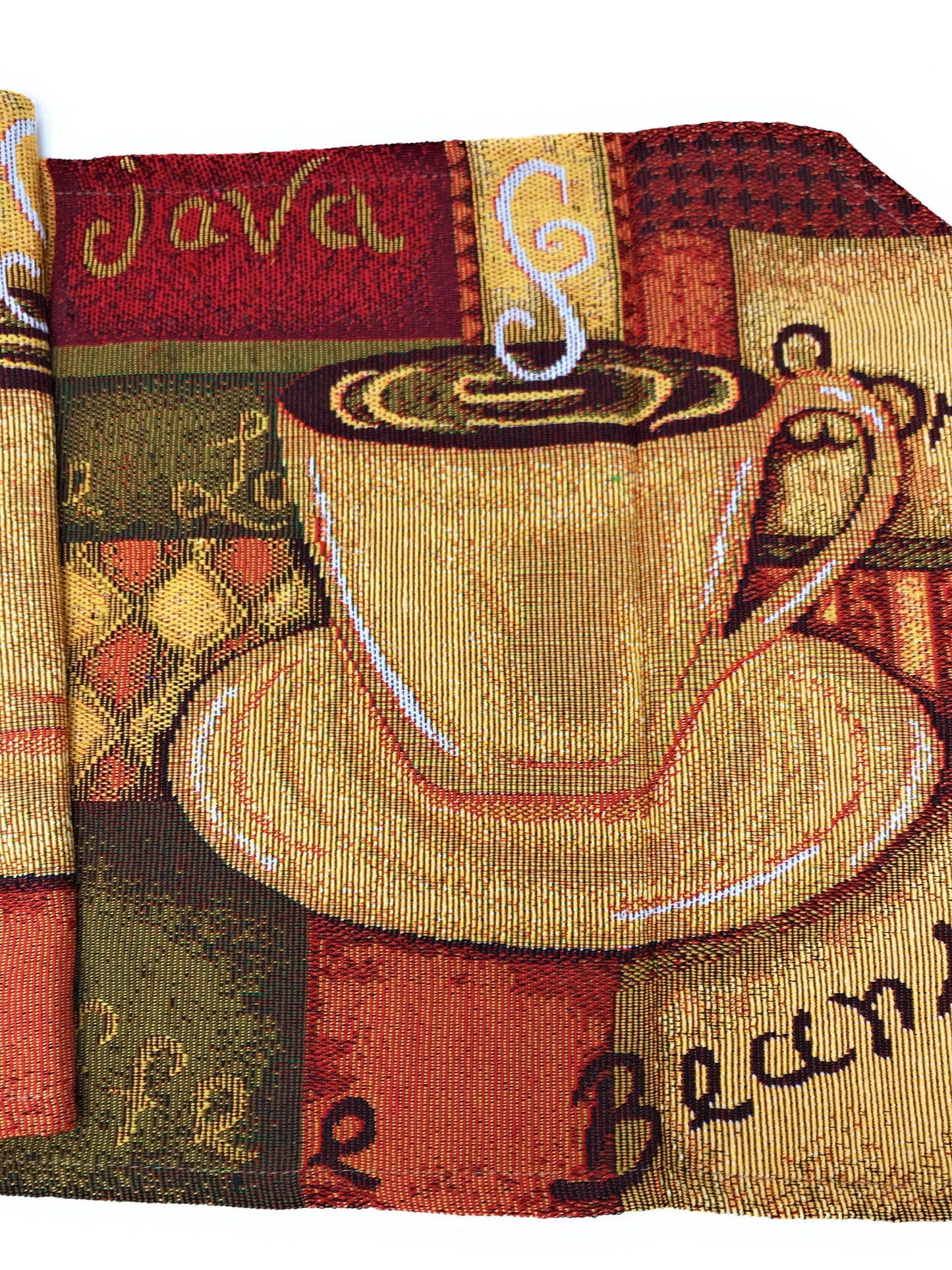 Brown coffee latte tapestry table runner with golden tassels.