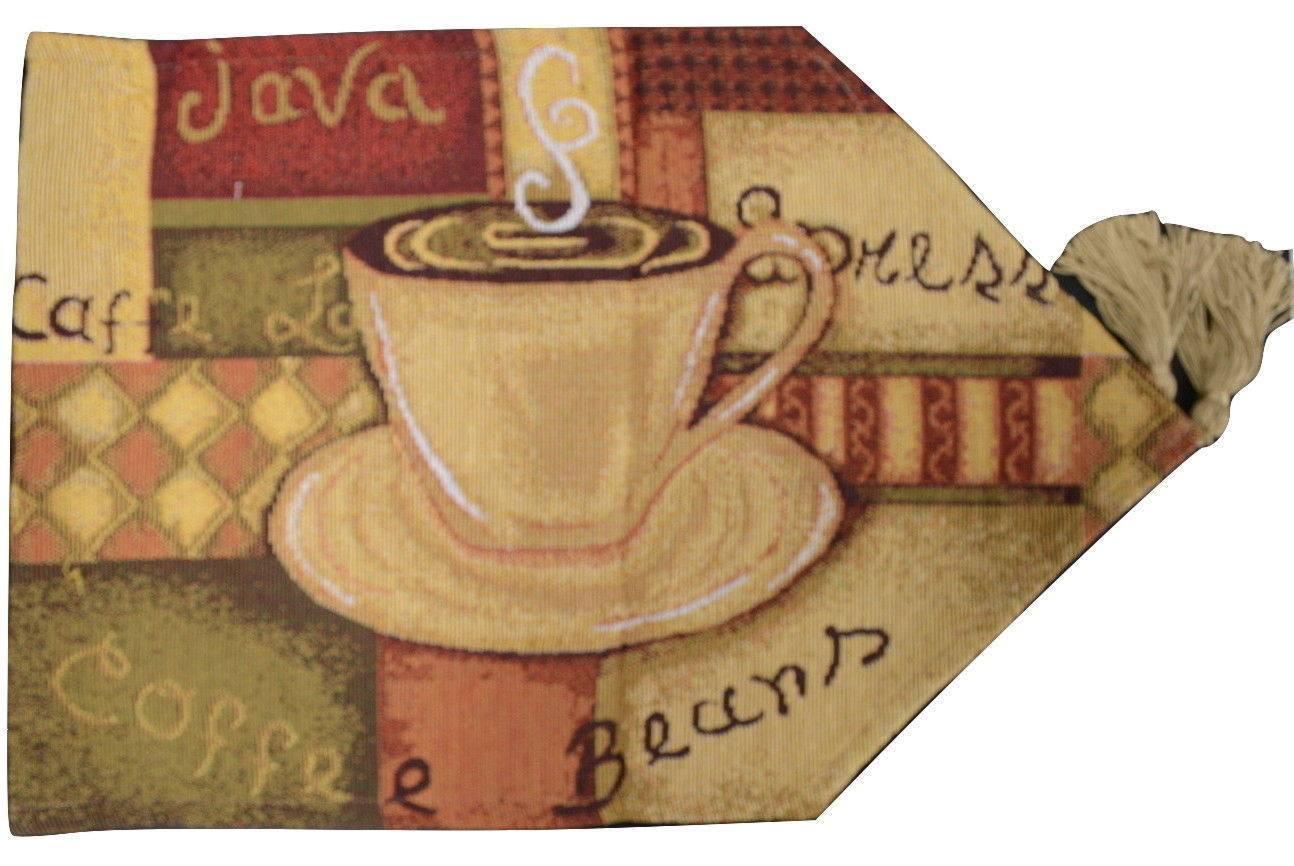 Brown tapestry table runner with latte coffee cup design and golden tassels.