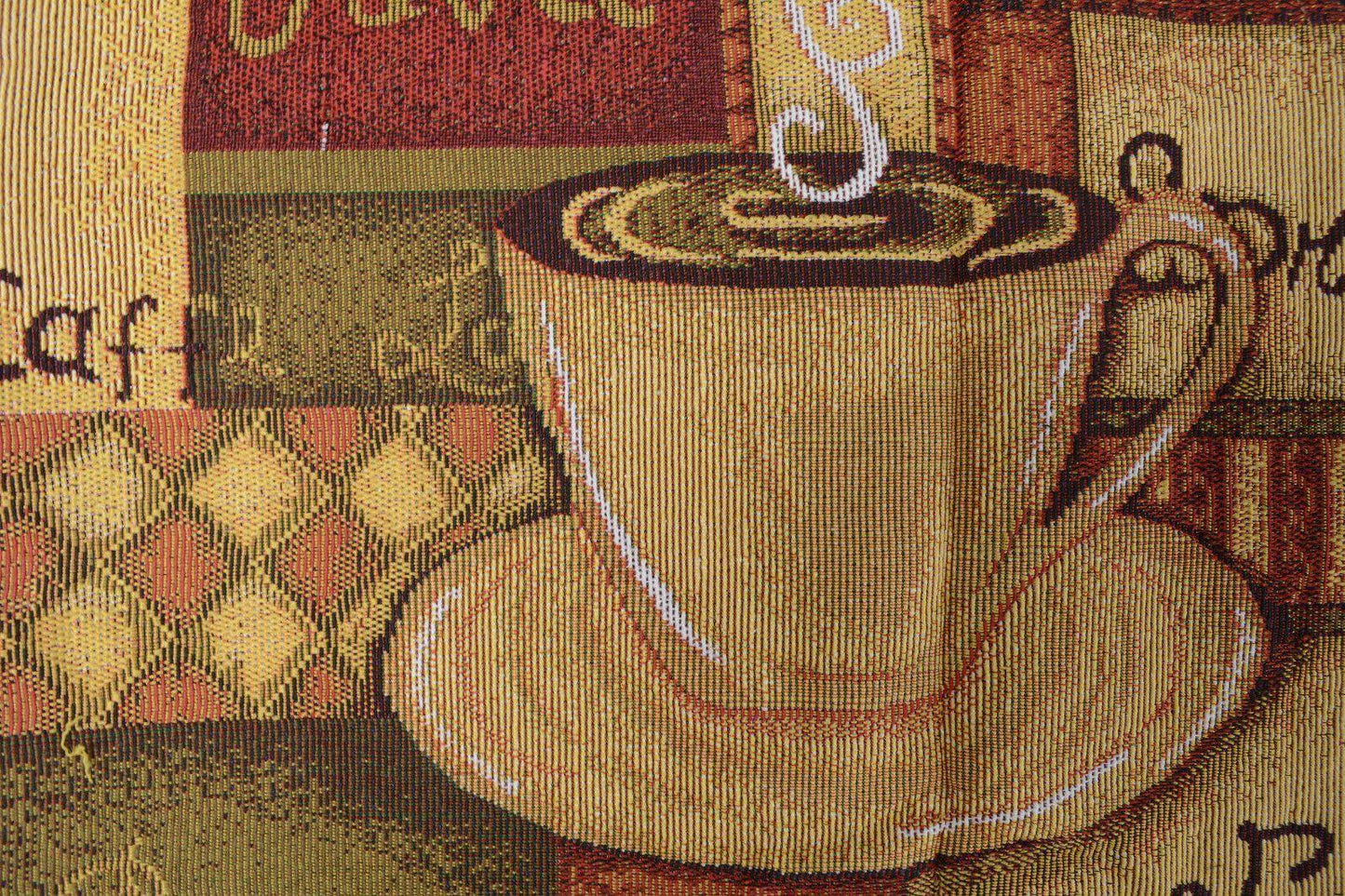 Brown tapestry table runner with latte java coffee cup design and gold tassels.