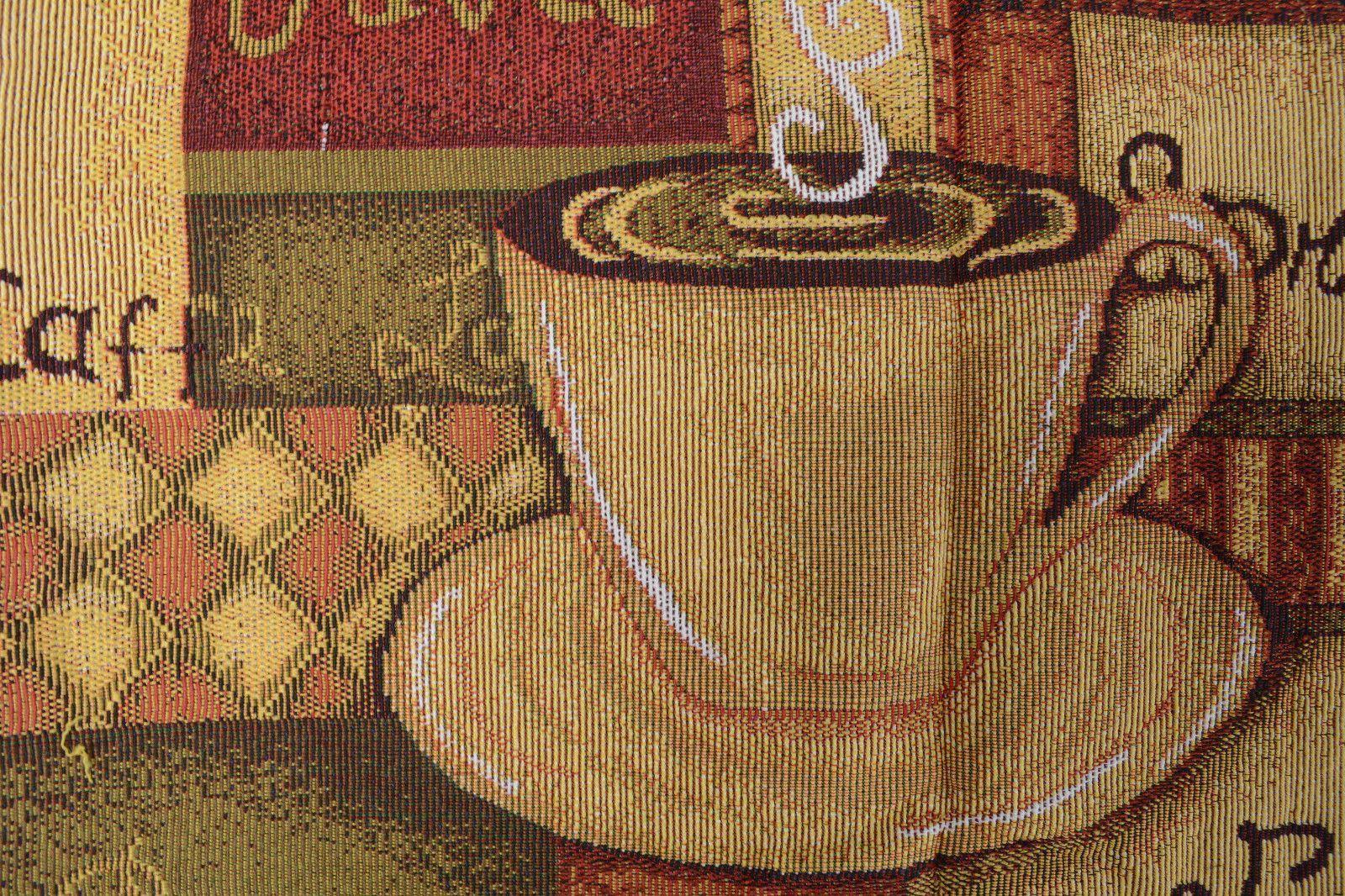 Brown tapestry table runner with latte java coffee cup design and gold tassels.