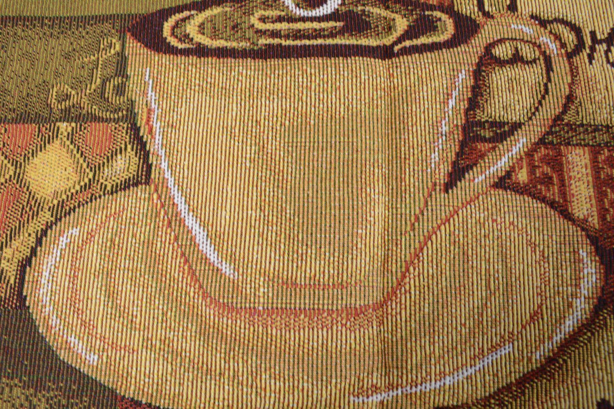 Brown coffee cup latte java tapestry table runner with gold tassels