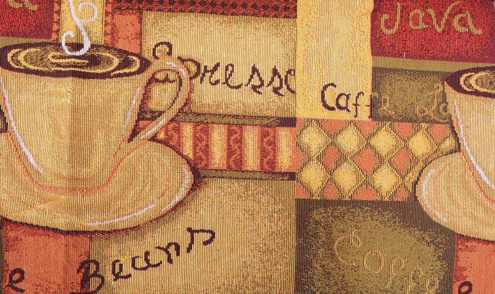 Brown tapestry table runner with coffee cup latte java design and golden tassels