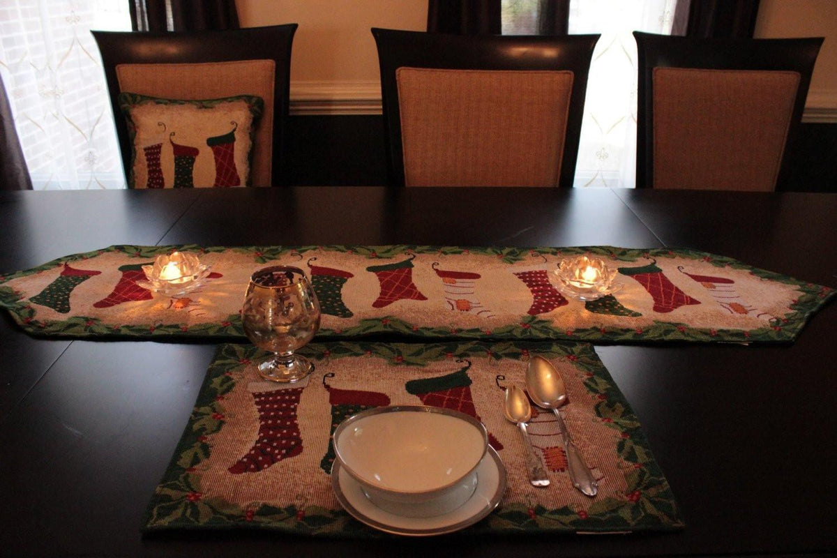 Christmas table runner with fireplace and stockings decor
