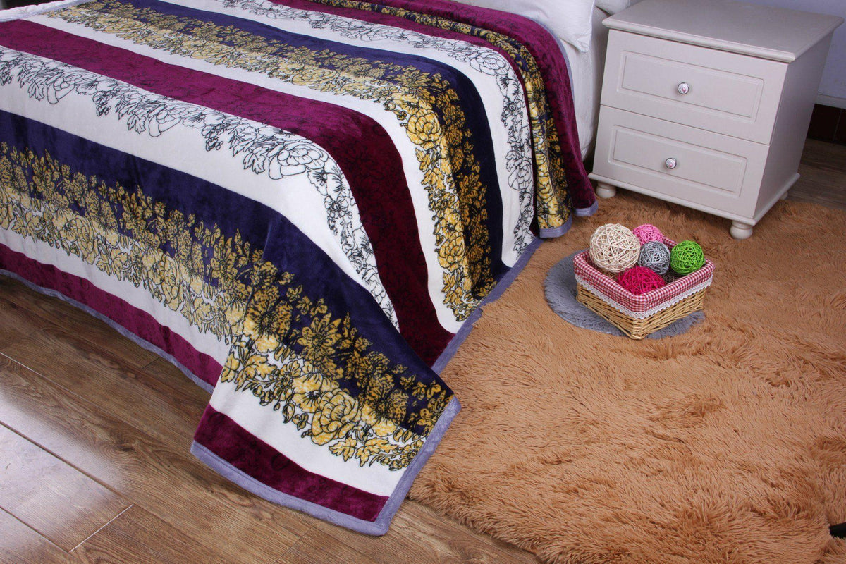 Mink flannel fleece throw blanket with floral and striped carnation pattern.