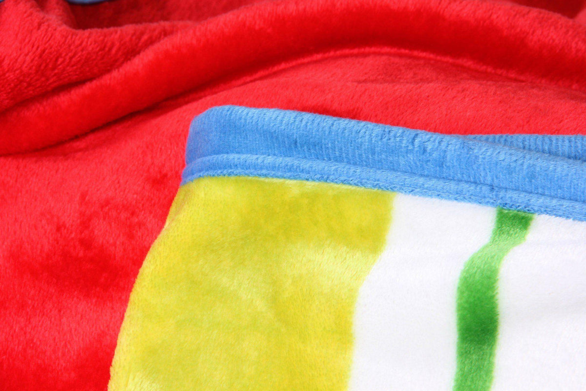 Rainbow striped flannel fleece throw blanket, reversible design.