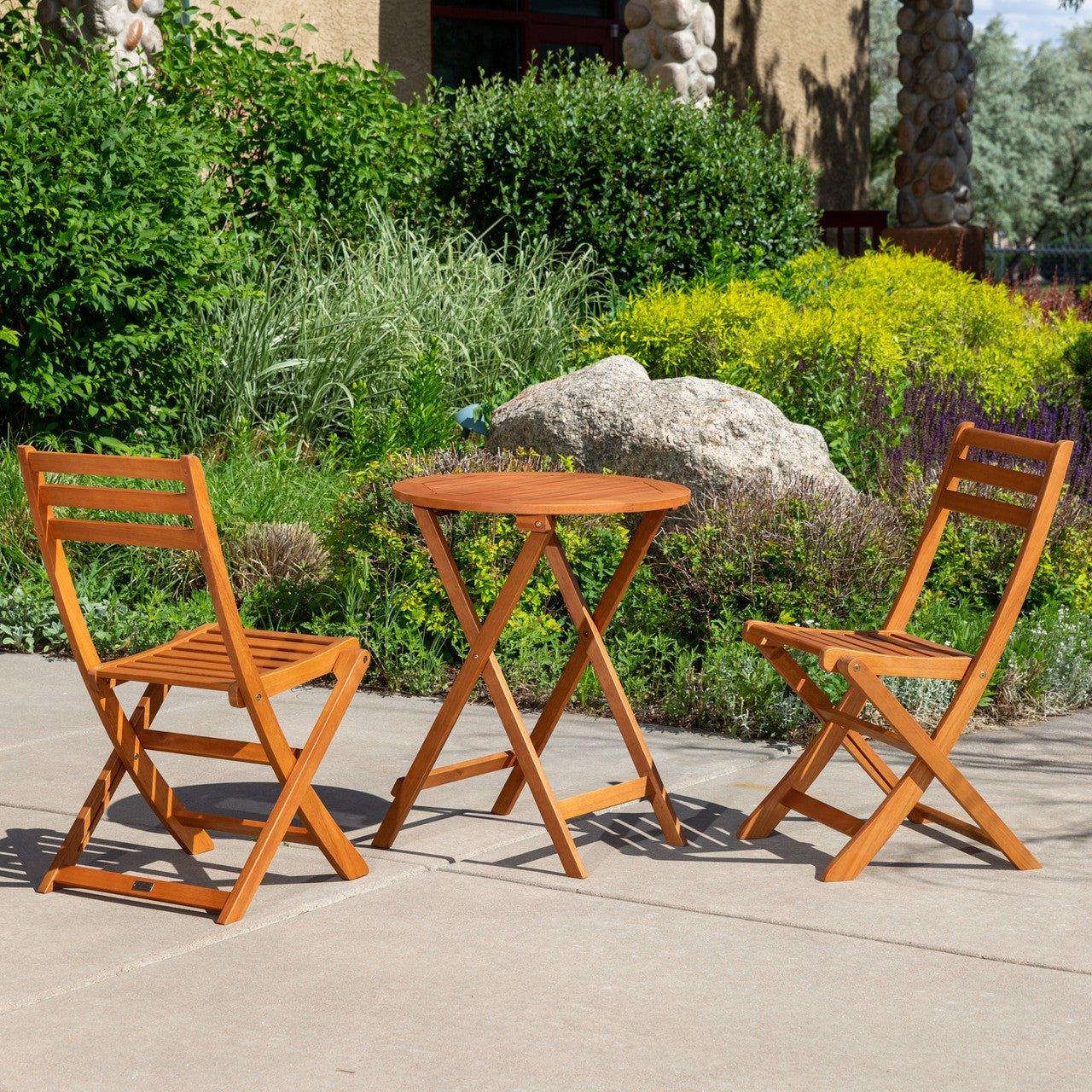 Eucalyptus Folding 3-Piece Café Bistro Set for Outdoor Spaces