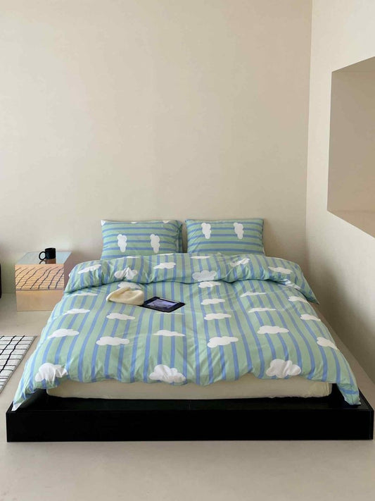 Charming Cotton Cloud Stripe Duvet Cover Set with Pillowcases for Cozy Comfort