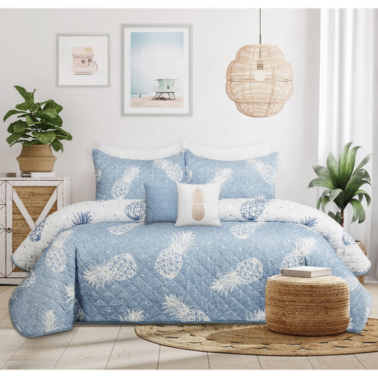 King Quilt Bedding Set 3 Piece Blue Pineapples Woven Microfiber